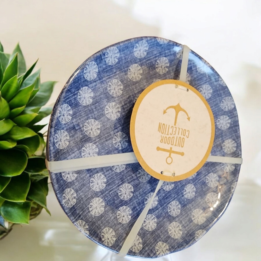 Sand Dollar Melamine S/4 Side Plates Outdoor Collection 8.5"New Blue White